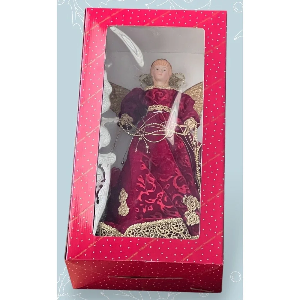 Victorian Angel Christmas Tree Topper Vintage Gold Wings Red Gown NIB